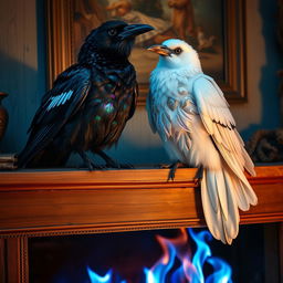 Two intelligent ravens sitting gracefully on a mantle above a fireplace, surrounded by a cozy interior