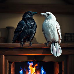 Two intelligent ravens sitting gracefully on a mantle above a fireplace, surrounded by a cozy interior