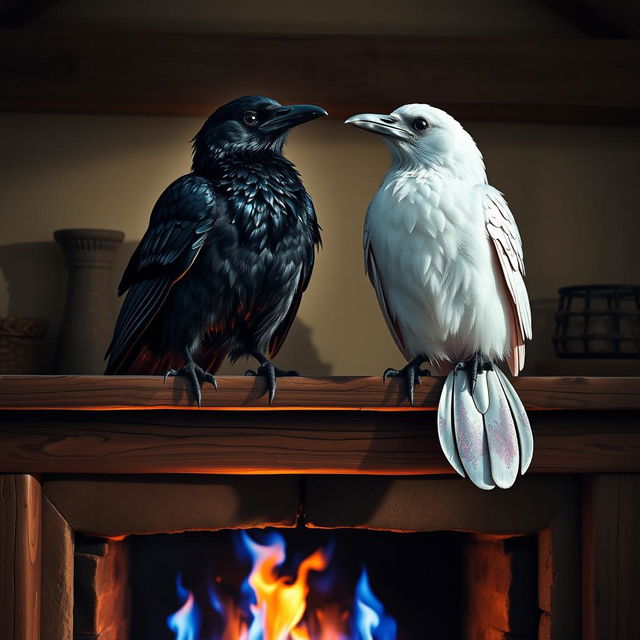 Two intelligent ravens sitting gracefully on a mantle above a fireplace, surrounded by a cozy interior