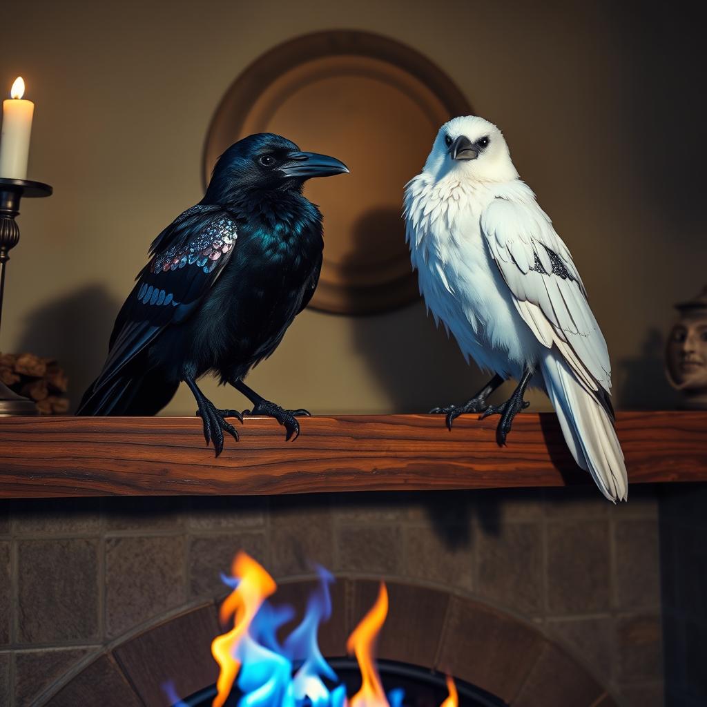 Two intelligent ravens sitting gracefully on a mantle above a fireplace, surrounded by a cozy interior