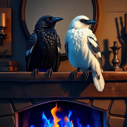 Two intelligent ravens sitting gracefully on a mantle above a fireplace, surrounded by a cozy interior