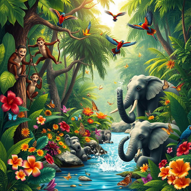 A lively jungle scene bursting with color and activity, showcasing a variety of playful animals in their natural habitat