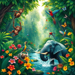 A lively jungle scene bursting with color and activity, showcasing a variety of playful animals in their natural habitat