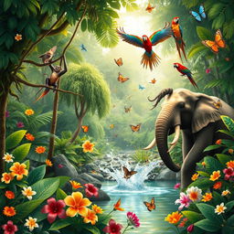 A lively jungle scene bursting with color and activity, showcasing a variety of playful animals in their natural habitat