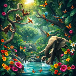 A lively jungle scene bursting with color and activity, showcasing a variety of playful animals in their natural habitat