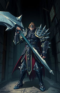 A man in armor covered in spikes, wielding a massive spiked mace, standing in a dark alleyway