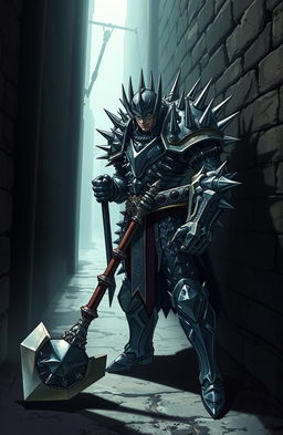 A man in armor covered in spikes, wielding a massive spiked mace, standing in a dark alleyway