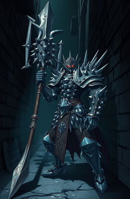 A man in armor covered in spikes, wielding a massive spiked mace, standing in a dark alleyway