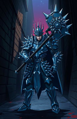A man in armor covered in spikes, wielding a massive spiked mace, standing in a dark alleyway