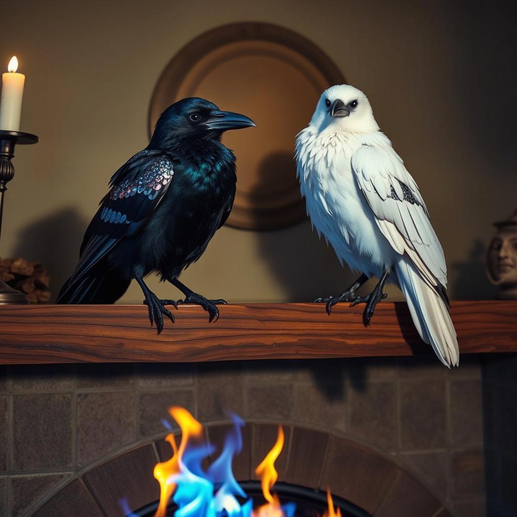 Two intelligent ravens perched on a fireplace mantle