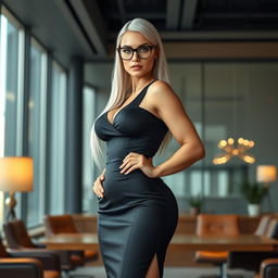 A striking and powerful female character depicted as a boss in an upscale office setting