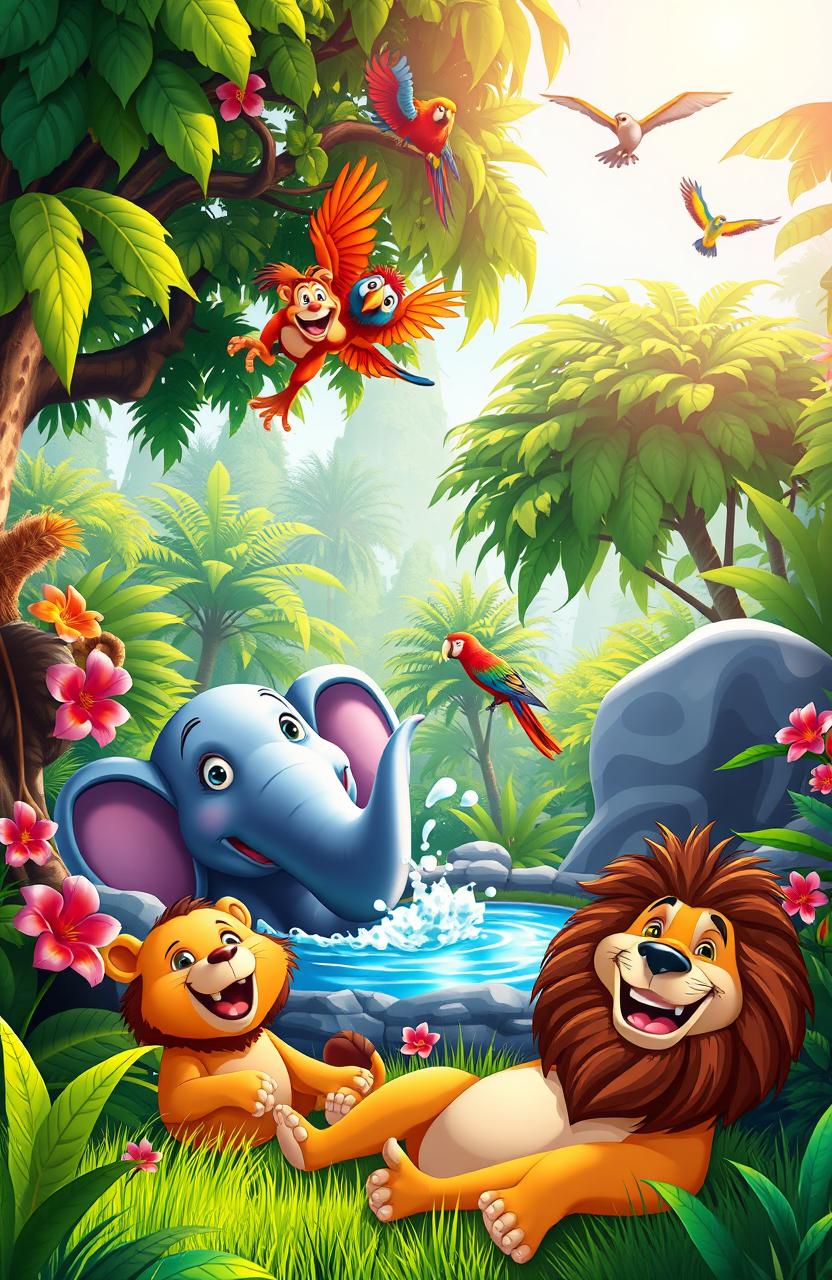 A vibrant scene depicting a group of animated jungle animals joyfully playing in the wild