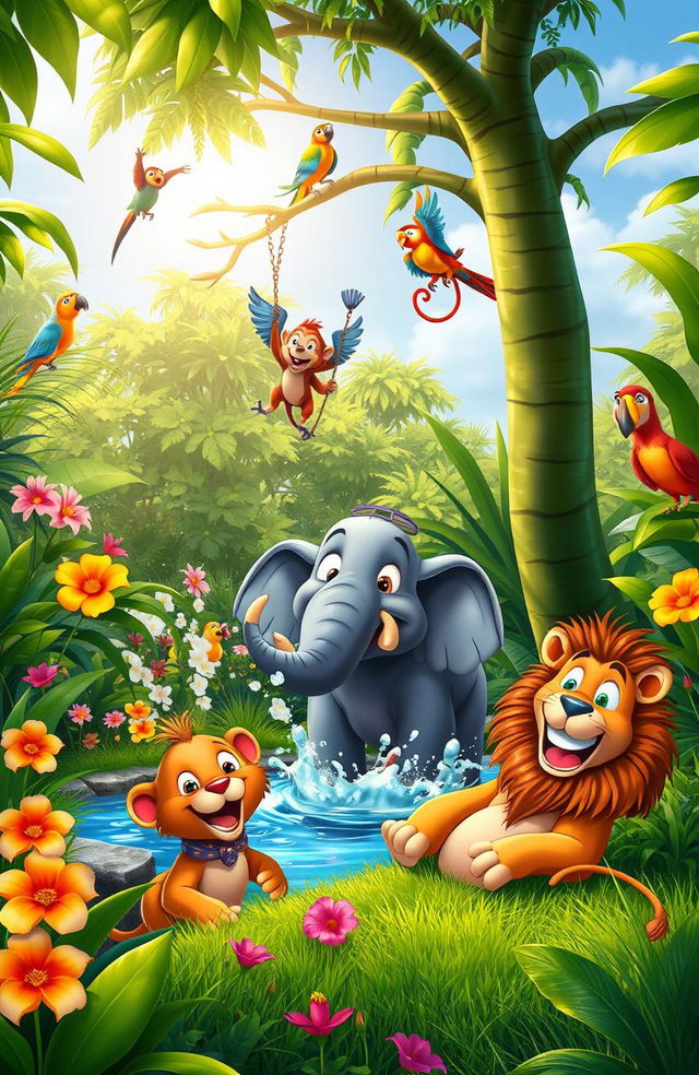 A vibrant scene depicting a group of animated jungle animals joyfully playing in the wild