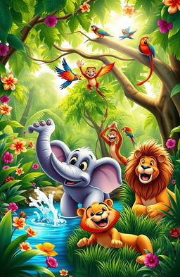 A vibrant scene depicting a group of animated jungle animals joyfully playing in the wild