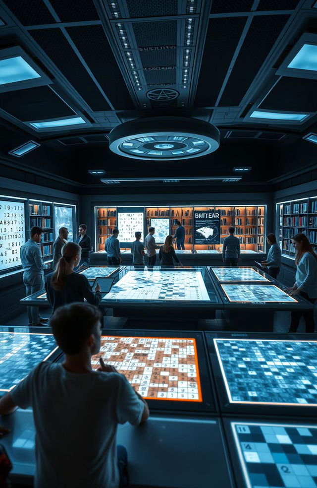 A futuristic library filled with high-tech Sudoku puzzles from the year 2025