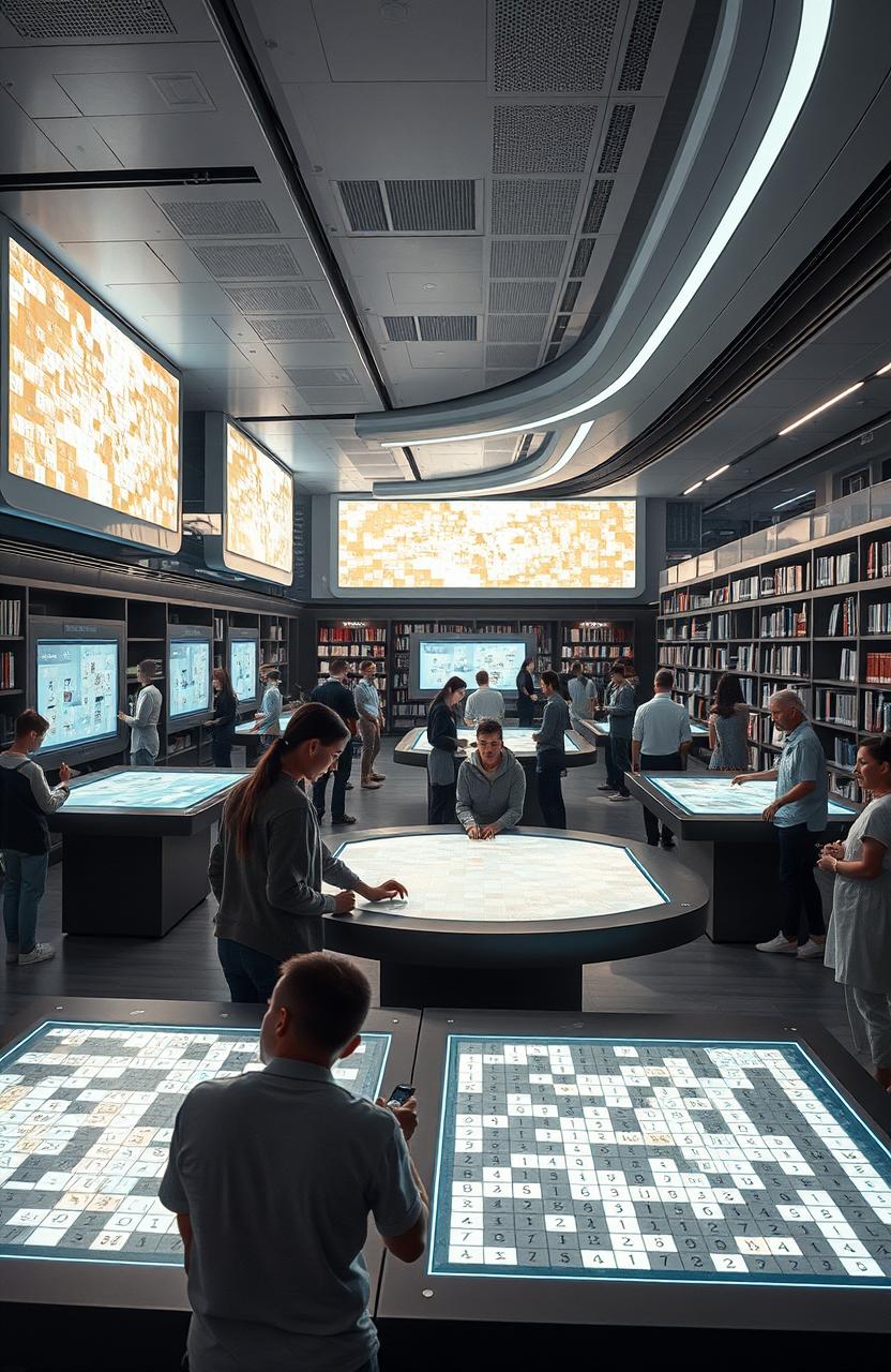 A futuristic library filled with high-tech Sudoku puzzles from the year 2025