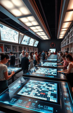 A futuristic library filled with high-tech Sudoku puzzles from the year 2025