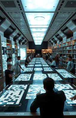 A futuristic library filled with high-tech Sudoku puzzles from the year 2025