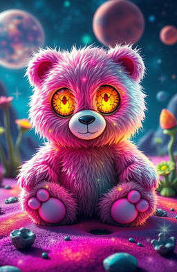 A whimsical, fluffy teddy bear from another planet, featuring unique extraterrestrial features such as vibrant neon colors, oversized eyes with intricate patterns, and soft, luminescent fur that glows in a cosmic way