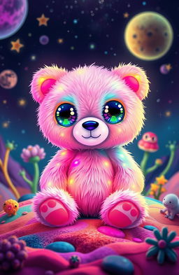 A whimsical, fluffy teddy bear from another planet, featuring unique extraterrestrial features such as vibrant neon colors, oversized eyes with intricate patterns, and soft, luminescent fur that glows in a cosmic way