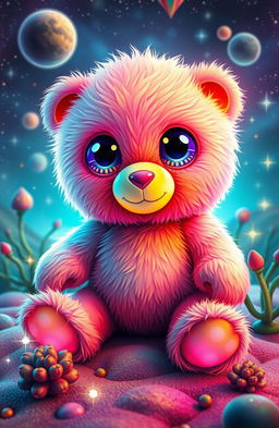 A whimsical, fluffy teddy bear from another planet, featuring unique extraterrestrial features such as vibrant neon colors, oversized eyes with intricate patterns, and soft, luminescent fur that glows in a cosmic way