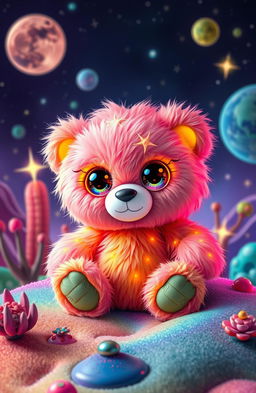 A whimsical, fluffy teddy bear from another planet, featuring unique extraterrestrial features such as vibrant neon colors, oversized eyes with intricate patterns, and soft, luminescent fur that glows in a cosmic way