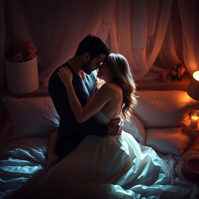 A beautifully composed artistic representation of a couple in an intimate, romantic embrace