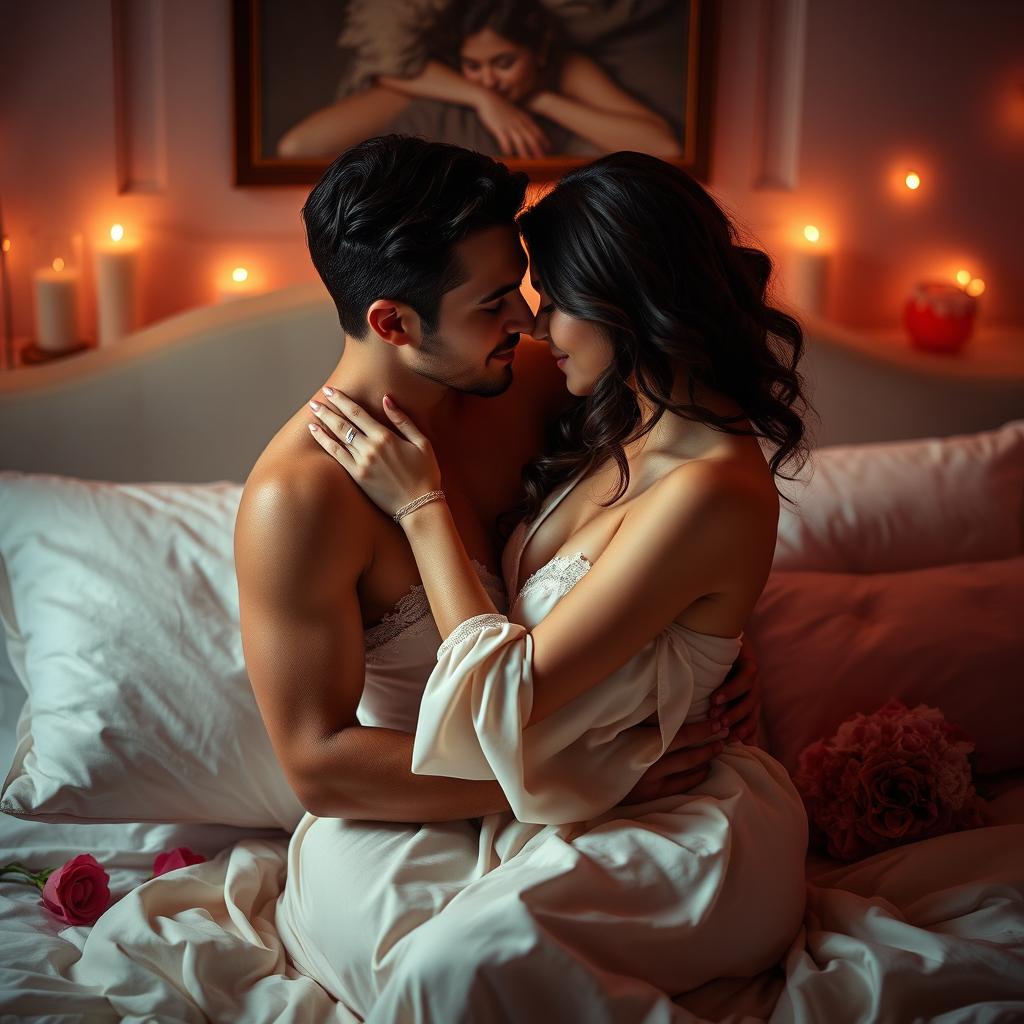 A beautifully composed artistic representation of a couple in an intimate, romantic embrace