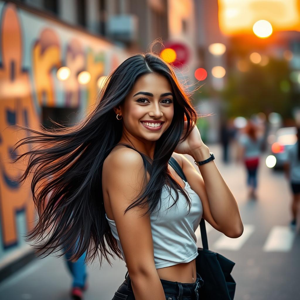 A young woman striking a playful pose, exuding confidence and charm in a vibrant urban setting