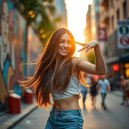 A young woman striking a playful pose, exuding confidence and charm in a vibrant urban setting