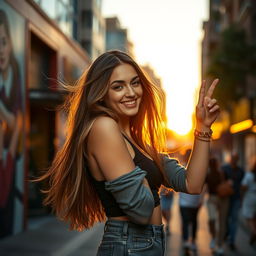 A young woman striking a playful pose, exuding confidence and charm in a vibrant urban setting