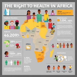 A visually striking and informative infographic illustrating the right to health in Africa, featuring diverse individuals from various African nations including vibrant colors and cultural attire