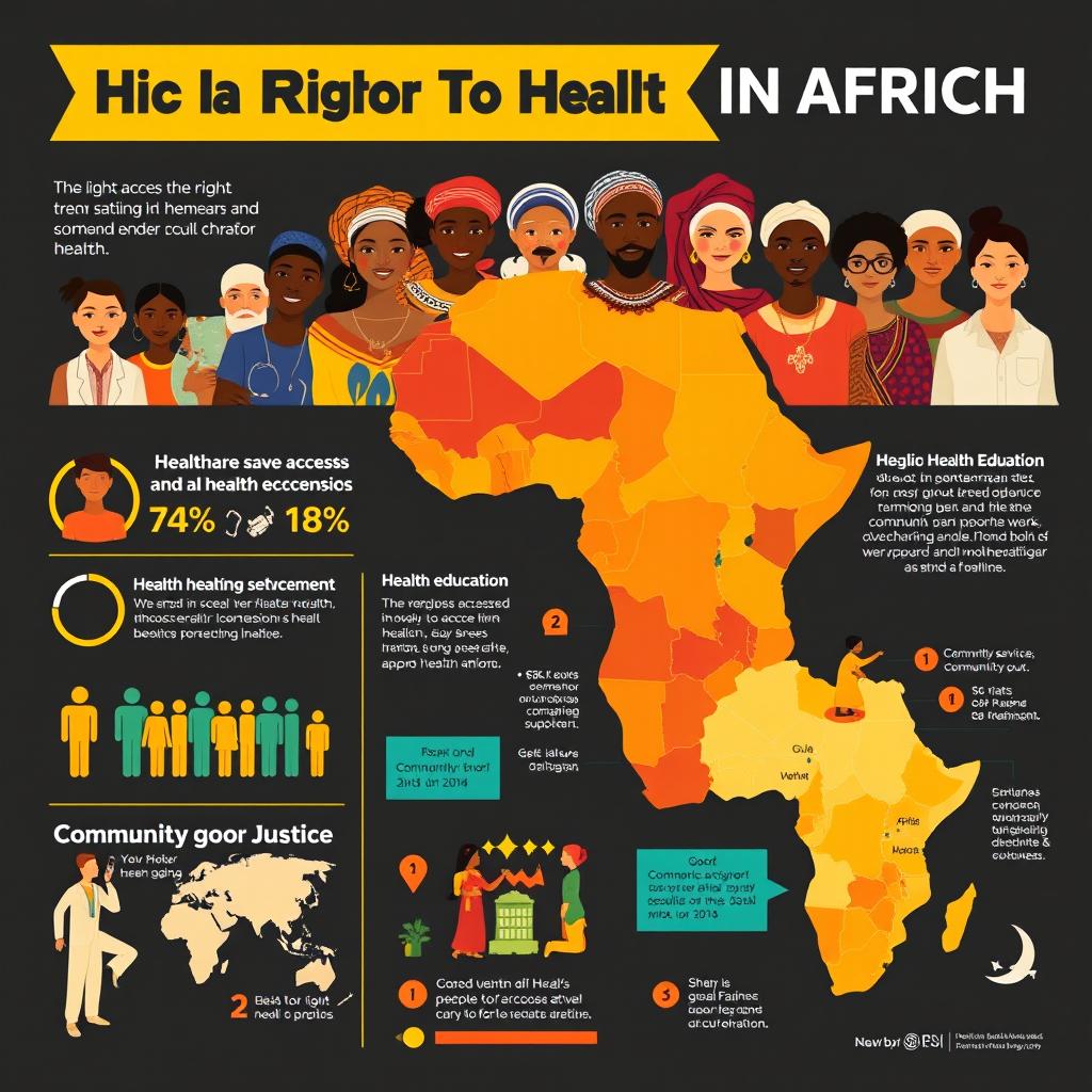 A visually striking and informative infographic illustrating the right to health in Africa, featuring diverse individuals from various African nations including vibrant colors and cultural attire