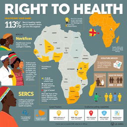 A visually striking and informative infographic illustrating the right to health in Africa, featuring diverse individuals from various African nations including vibrant colors and cultural attire
