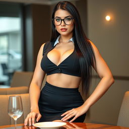 A 20-year-old female secretary of Russian ethnicity with a curvy, muscular body type, featuring a flat stomach, small breasts, and a small butt