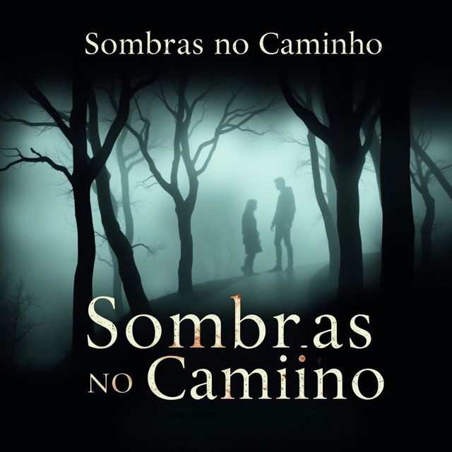 A captivating book cover for a suspense novel titled 'Sombras no Caminho'