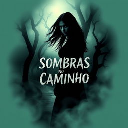 A gripping book cover for a suspense novel titled 'Sombras no Caminho'