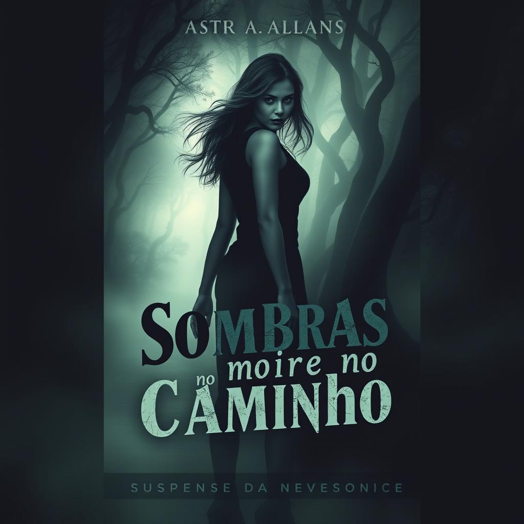 A gripping book cover for a suspense novel titled 'Sombras no Caminho'