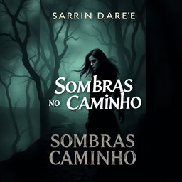 A gripping book cover for a suspense novel titled 'Sombras no Caminho'