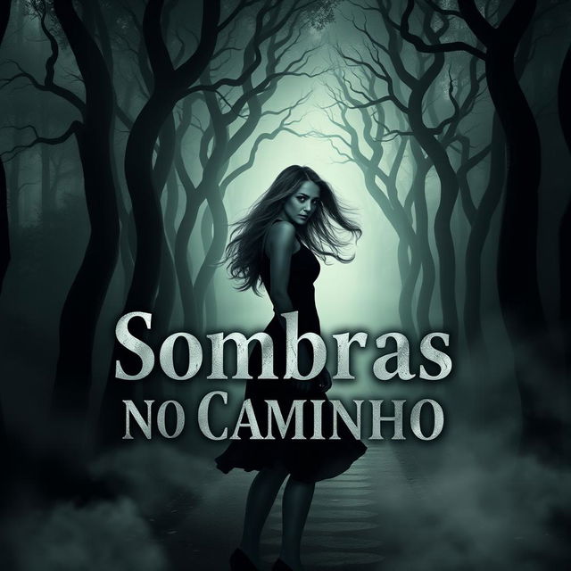 A gripping book cover for a suspense novel titled 'Sombras no Caminho'