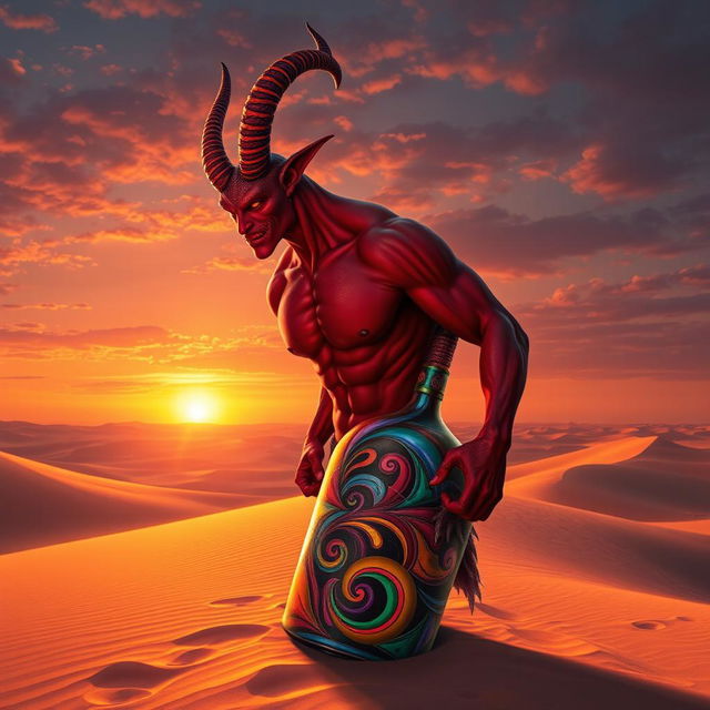 A powerful dark-red djinn, muscular and bare-chested, emerging from a vibrant and colorful bottle in the middle of a vast desert, with sand dunes stretching into the distance