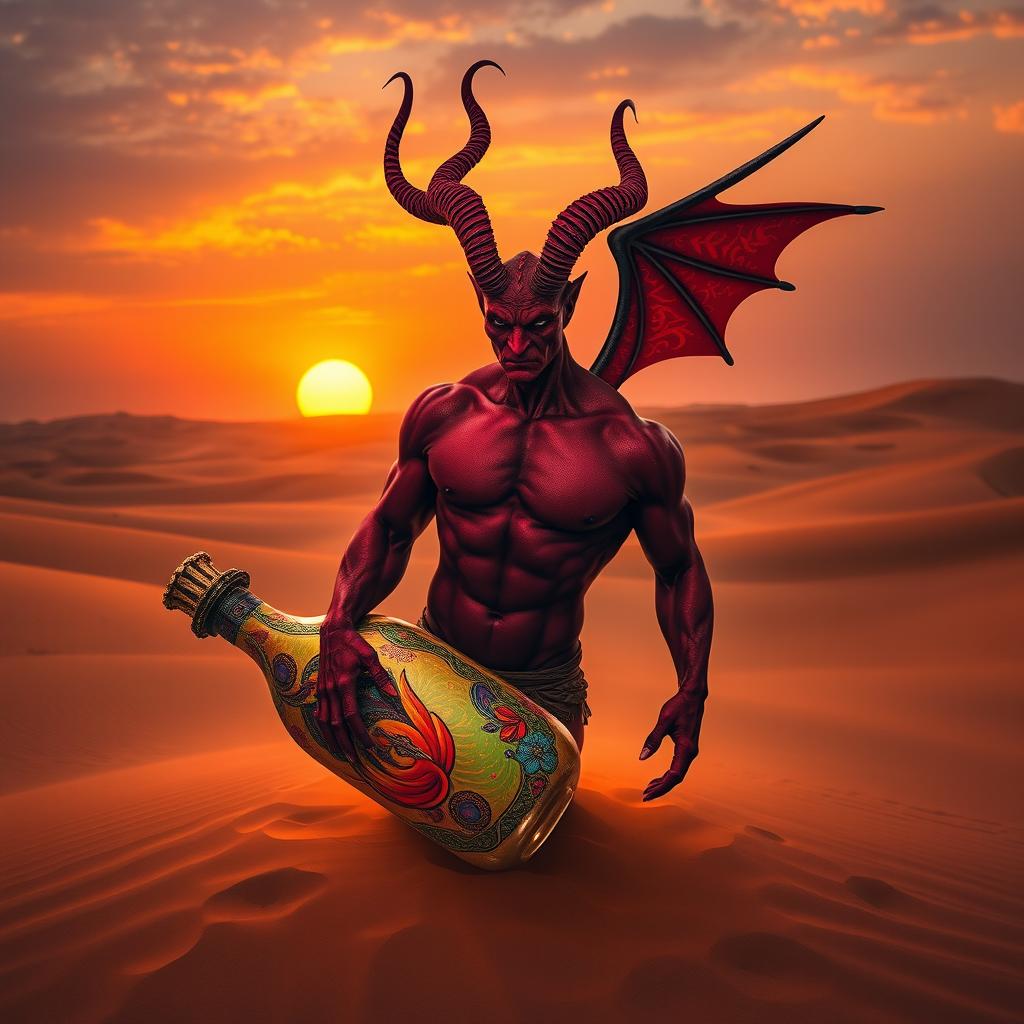 A powerful dark-red djinn, muscular and bare-chested, emerging from a vibrant and colorful bottle in the middle of a vast desert, with sand dunes stretching into the distance