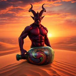 A powerful dark-red djinn, muscular and bare-chested, emerging from a vibrant and colorful bottle in the middle of a vast desert, with sand dunes stretching into the distance