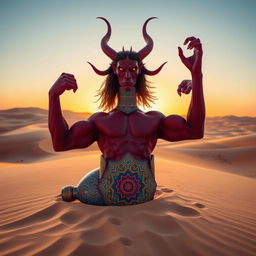 A dark-red, muscley djinn, bare-chested and exuding power, is emerging dramatically from a colorful ornate bottle in the middle of a vast desert
