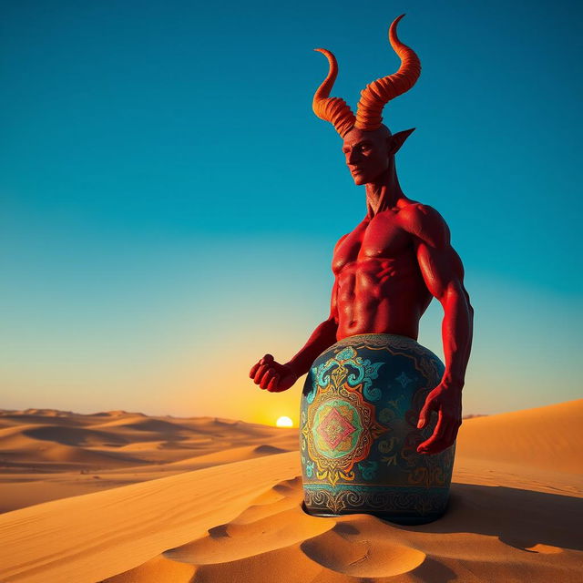 A dark-red, muscley djinn, bare-chested and exuding power, is emerging dramatically from a colorful ornate bottle in the middle of a vast desert