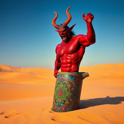 A dark-red, muscley djinn, bare-chested and exuding power, is emerging dramatically from a colorful ornate bottle in the middle of a vast desert