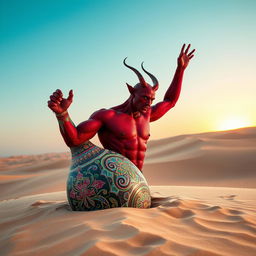 A dark-red, muscley djinn, bare-chested and exuding power, is emerging dramatically from a colorful ornate bottle in the middle of a vast desert