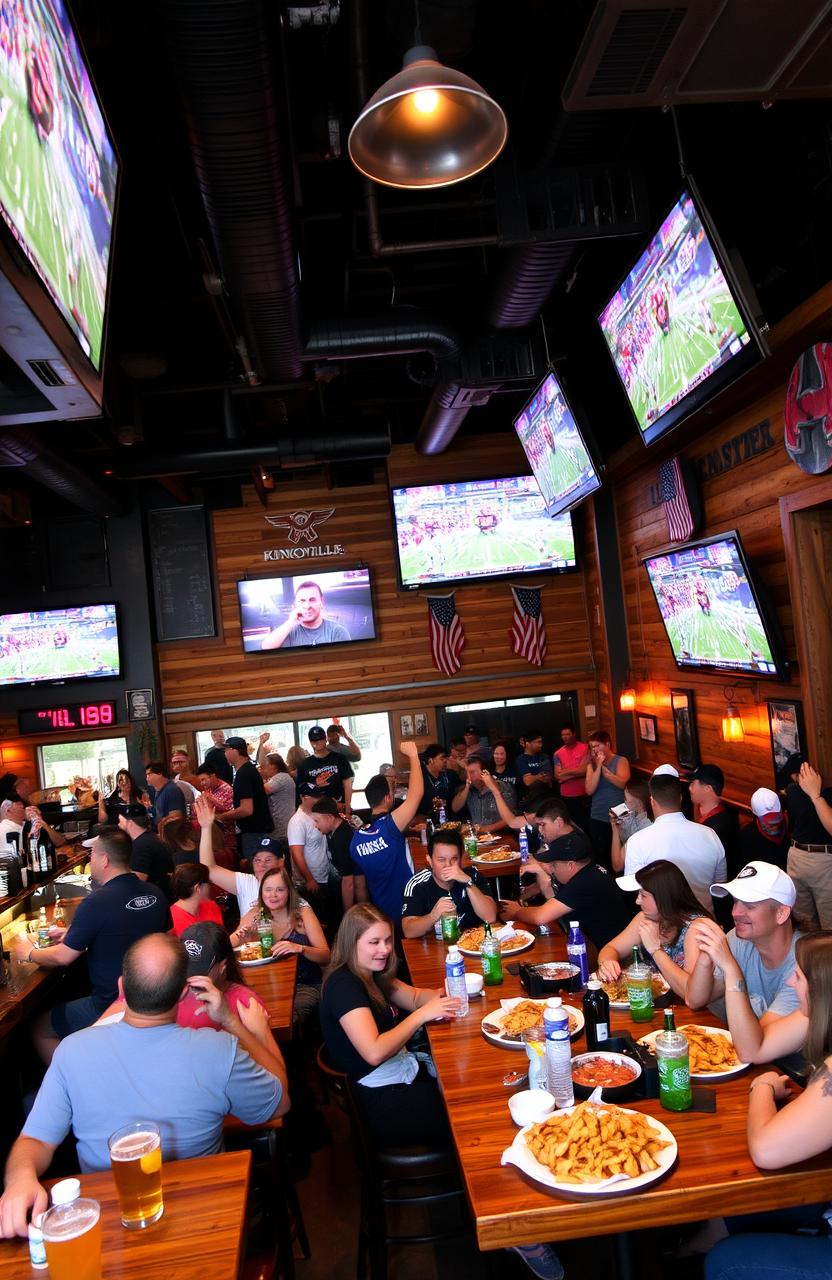 A vibrant and bustling sports bar and grille atmosphere in Knoxville, Tennessee