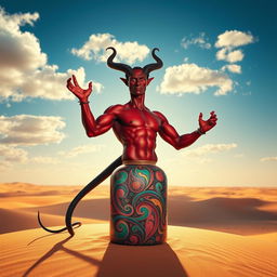 A striking dark-red, muscley djinn flowing gracefully out of his colorful ornate bottle in the heart of a vast desert
