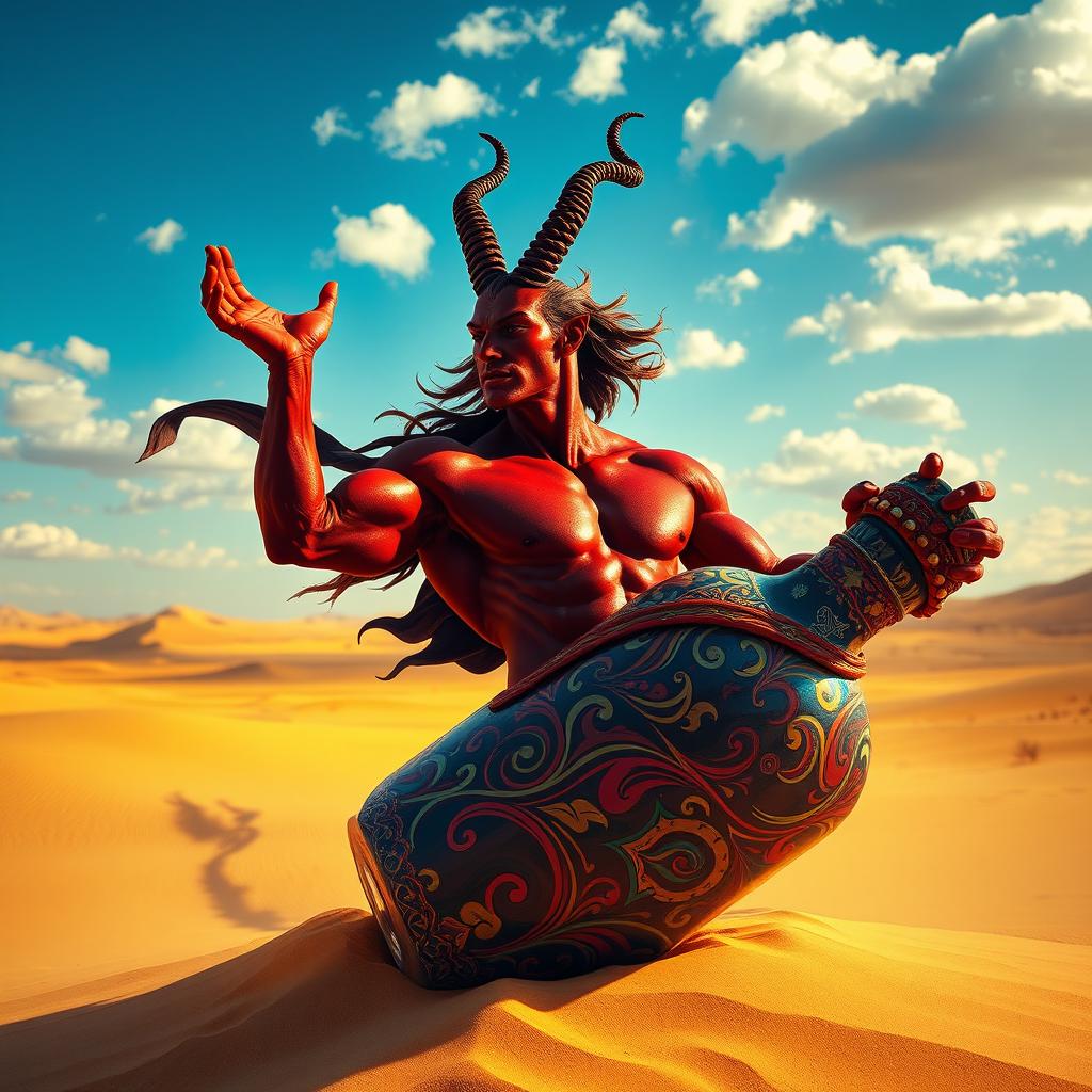 A striking dark-red, muscley djinn flowing gracefully out of his colorful ornate bottle in the heart of a vast desert